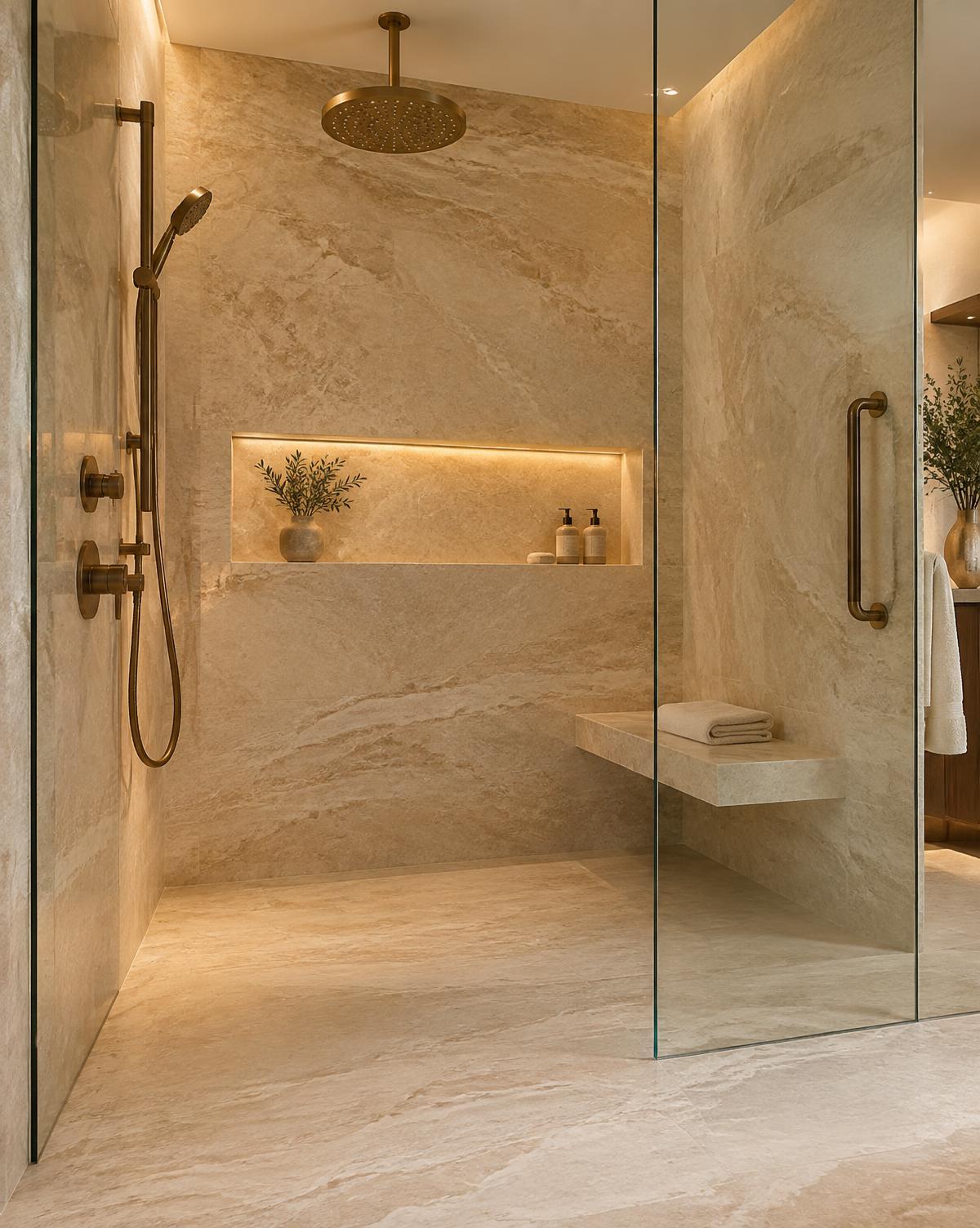 Luxury accessible shower with curbless entry and concealed drain