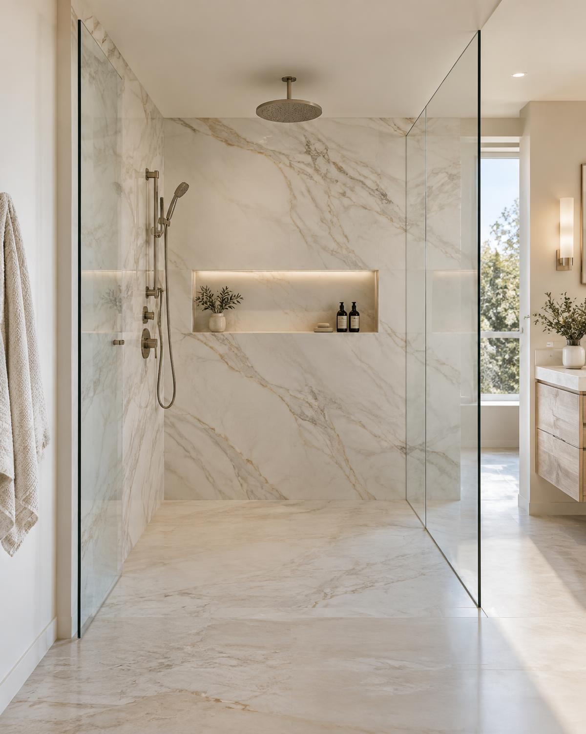 Luxury marble tub-to-shower conversion with concealed drainage