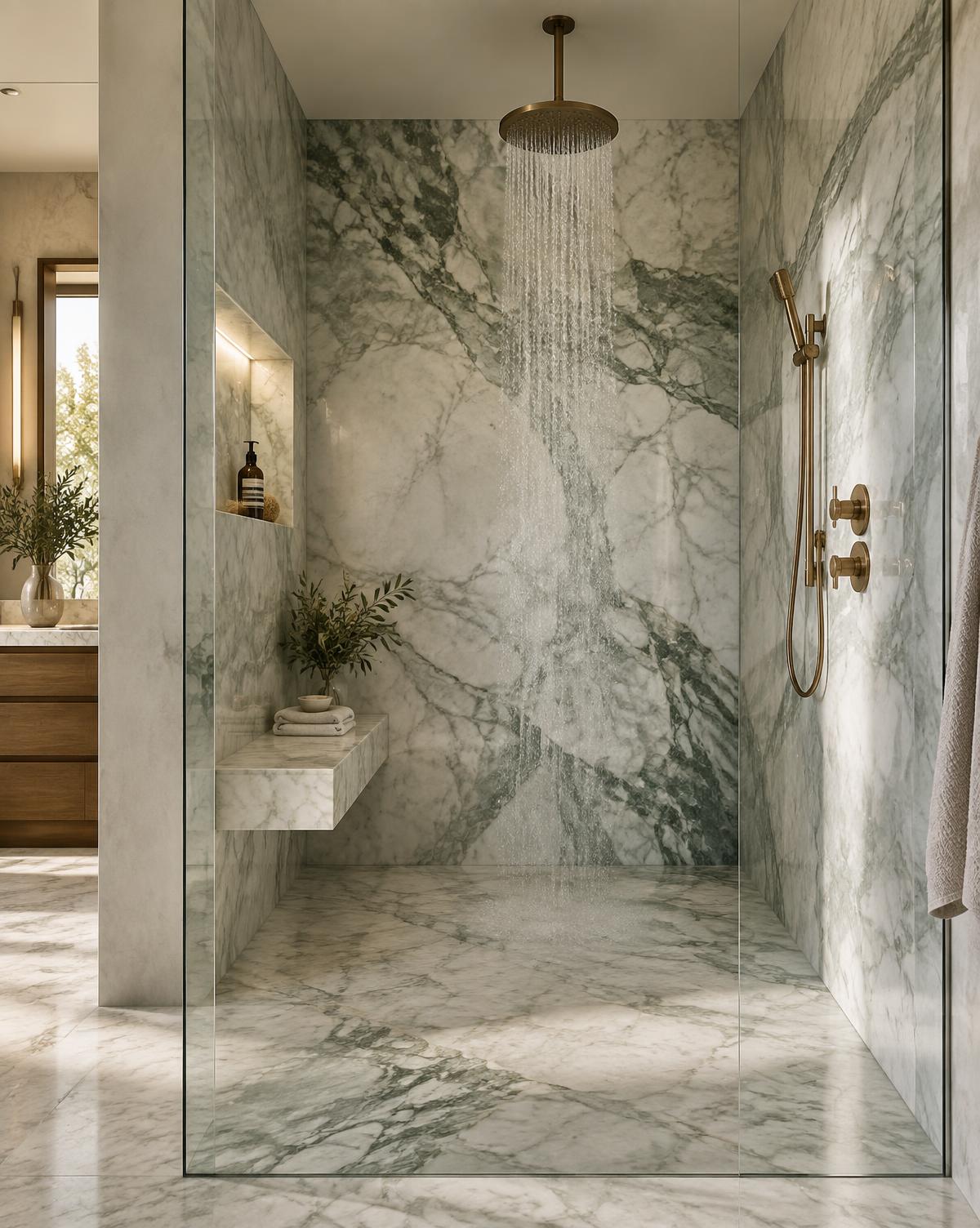 Luxury marble walk-in shower with hidden wall drain