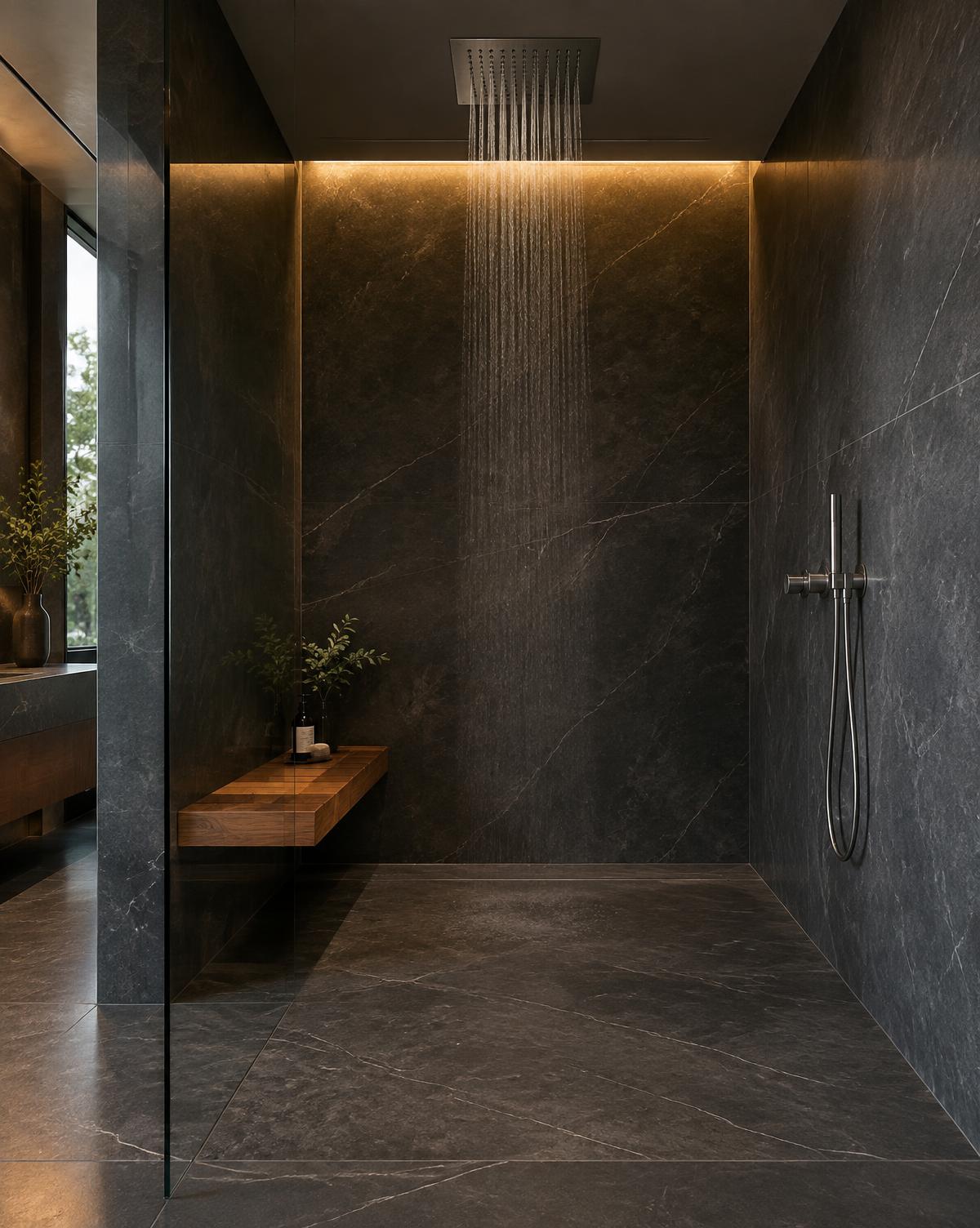 Charcoal stone shower with concealed wall drainage