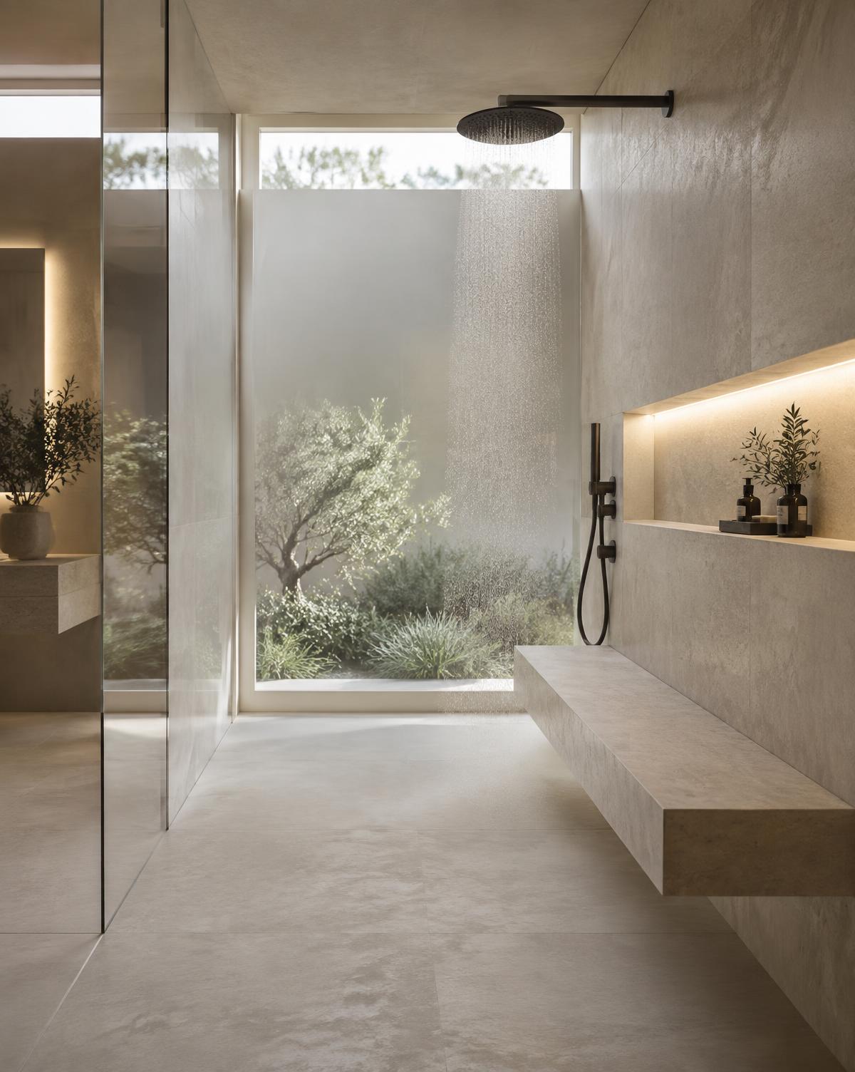 Curbless garden shower with an uninterrupted stone floor