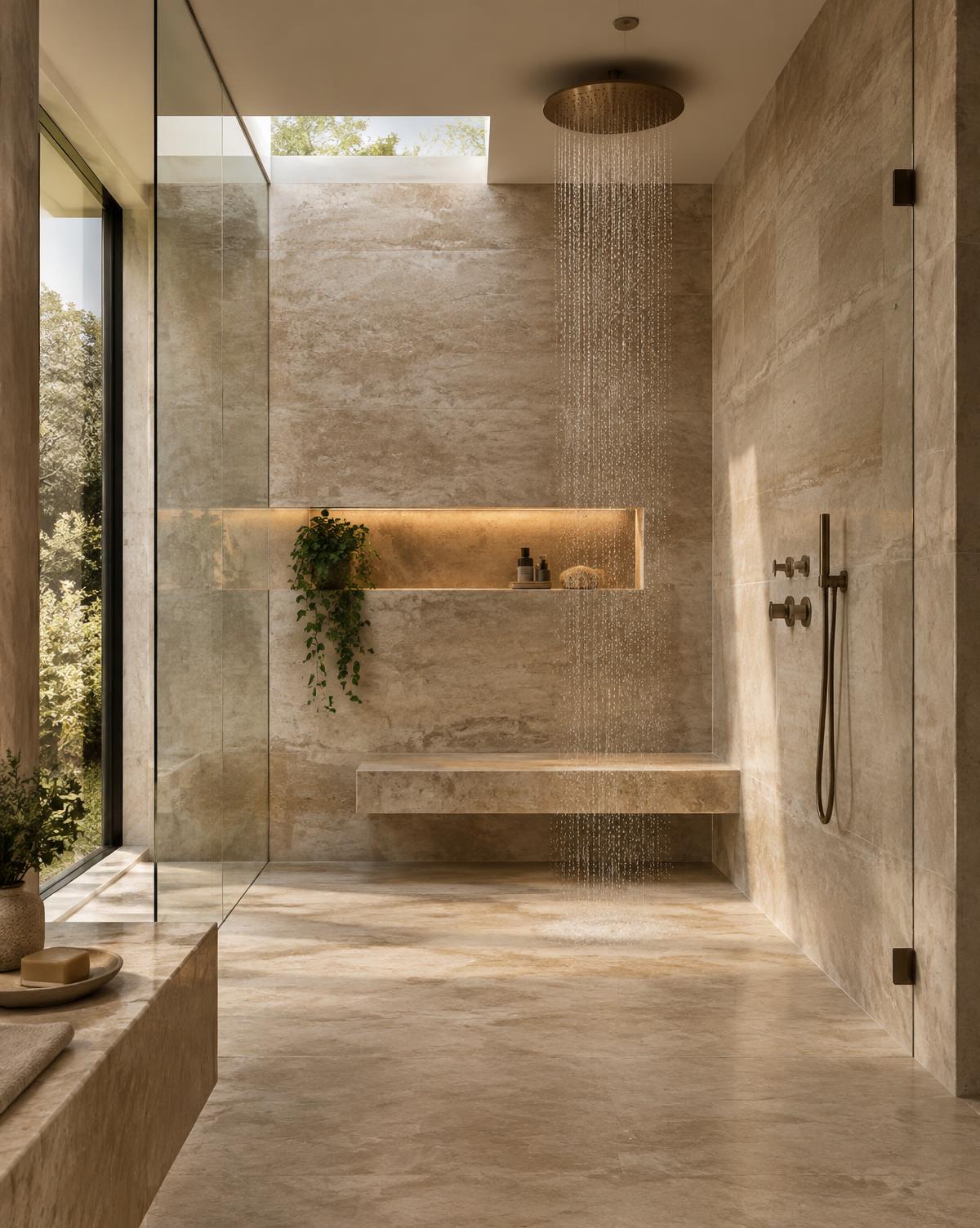 Travertine spa shower with floating bench and hidden drain